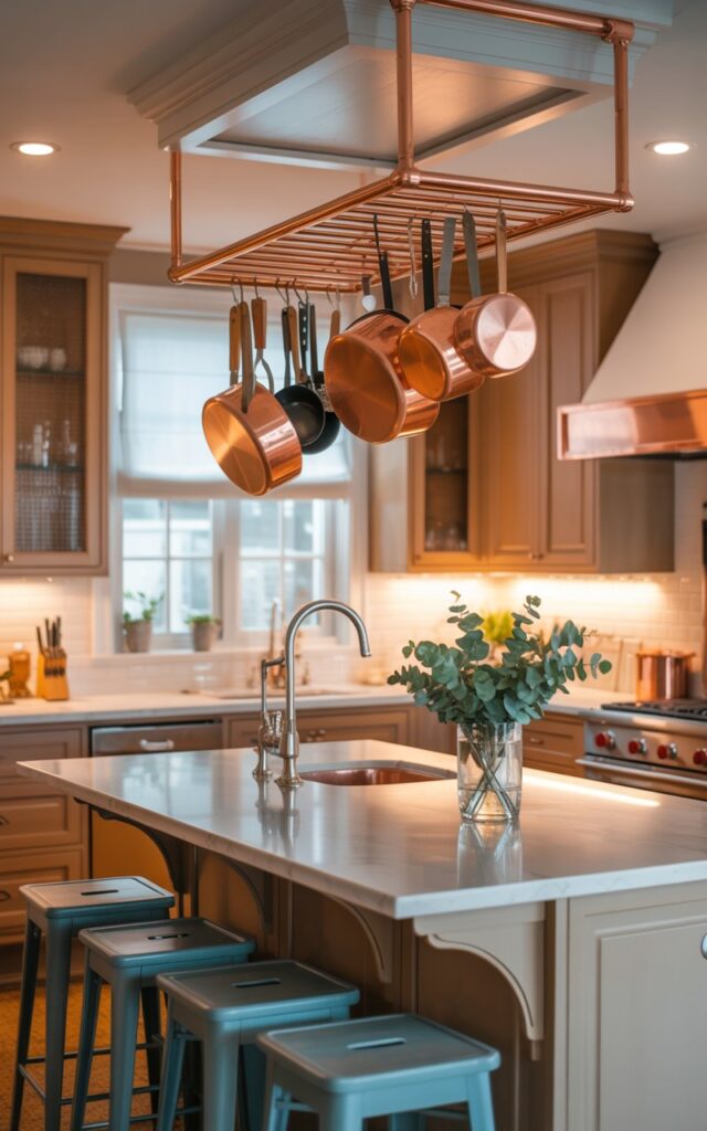 A photograph of a modern Americana style kitchen featuring a gleaming white central island with a brushed nickel sink and three teal bar stools. A copper pot rack hangs above the island, displaying a collection of vintage copper cookware and wooden utensils, illuminated by the glow of recessed lighting. The kitchen boasts warm, textured cabinetry with brass hardware, contrasting beautifully with the clean lines of the white marble countertops and a vase of fresh eucalyptus on the island. Soft, ambient light streams through a nearby window, highlighting the luxurious details and creating a welcoming atmosphere.