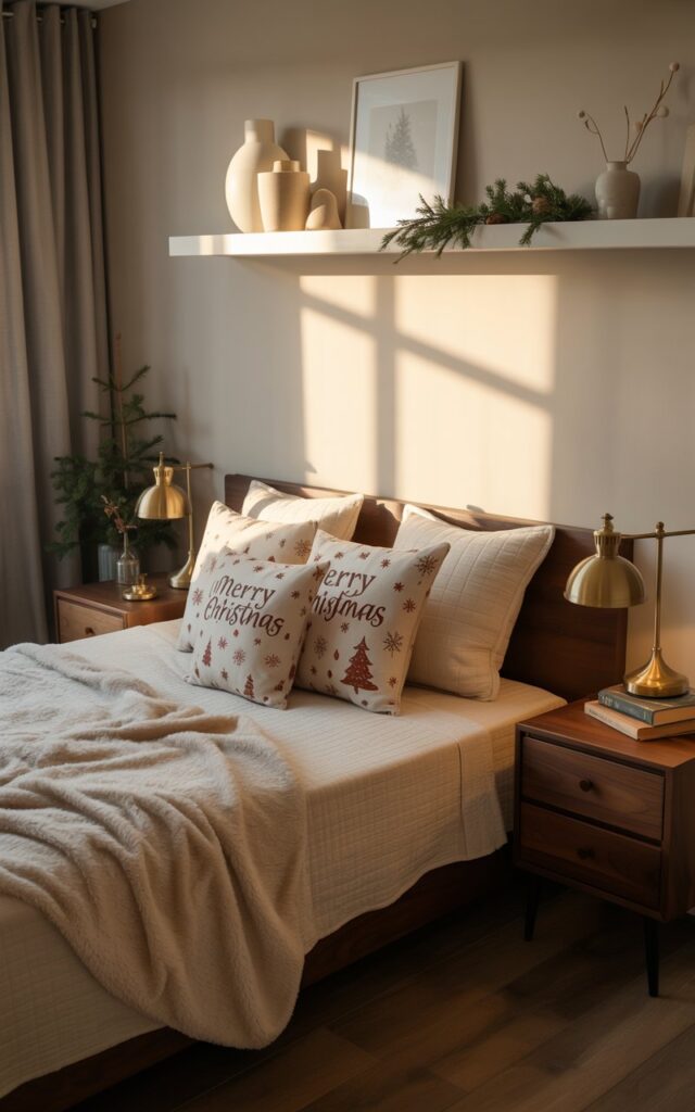 A photograph of a fully furnished modern Americana–Scandi bedroom bathed in the warm glow of a winter afternoon. The room centers around a queen-sized bed adorned with a plush cream-colored throw blanket and several Christmas-themed pillow covers featuring a subtle "Merry Christmas" pattern. A dark walnut nightstand sits on each side of the bed, holding a vintage brass lamp and a stack of books, while floating shelves above display minimalist ceramic vases and sprigs of evergreen. Soft grey curtains gently filter the natural light, creating a cozy and inviting atmosphere.