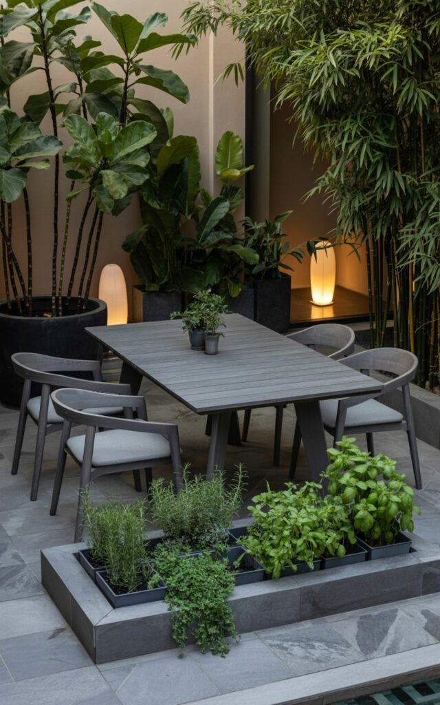 A photograph of a modern Balinese-Japandi outdoor patio centered around a sleek, dark-stained wooden dining table with four minimalist grey chairs. A small, rectangular raised herb garden sits adjacent to the table, featuring neatly arranged planters filled with rosemary, basil, and mint spilling out onto the stone-tiled patio. Large potted fiddle-leaf fig trees and bamboo stalks frame the dining area, while soft, diffused lantern light creates a warm glow. The scene conveys a tranquil and inviting atmosphere with a subtle view of lush tropical foliage beyond the patio.