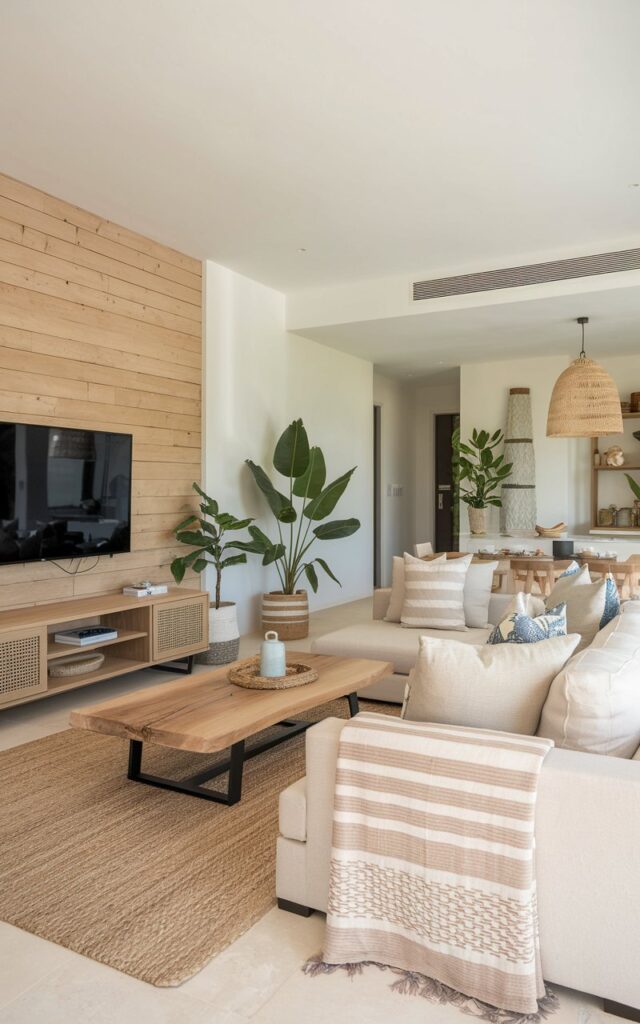 A photo of a modern Balinese and coastal living room with one accent wall featuring natural wood panelling. The accent wall has a TV console and a bookshelf. The space is fully furnished with a low-profile sofa, a wooden coffee table, woven rugs, coastal-inspired textiles, and indoor plants. Soft neutral tones and natural materials create a refreshed, airy, and tranquil atmosphere blending Balinese warmth with coastal charm.
