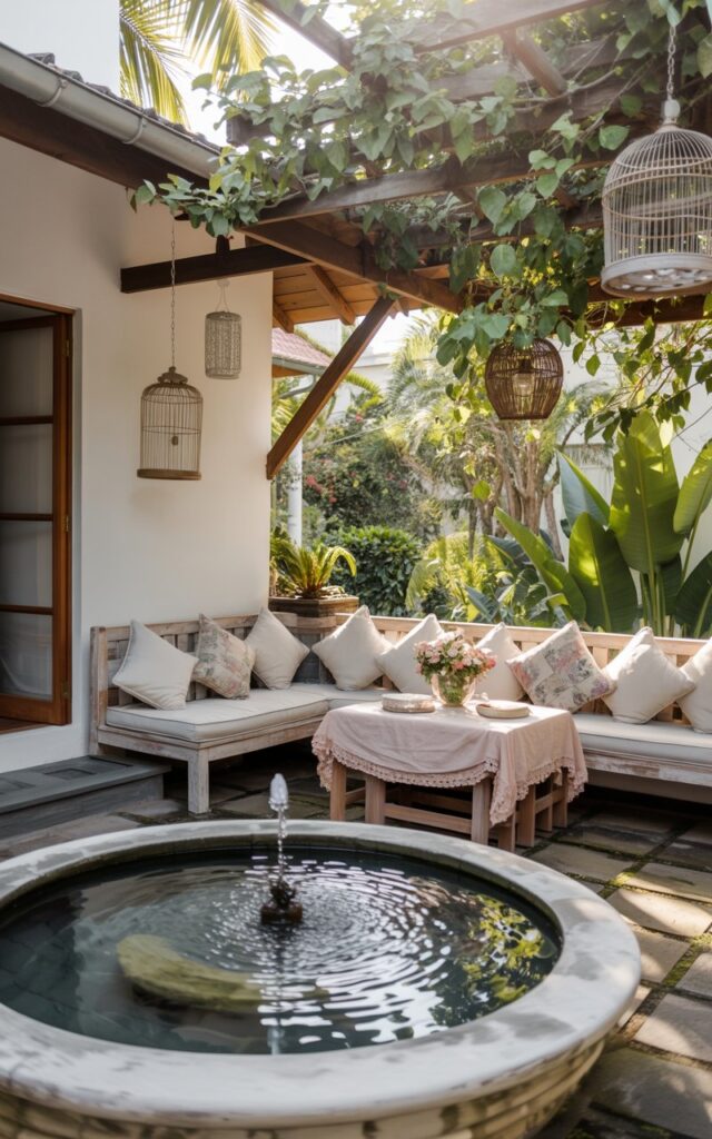 A photograph of a serene Balinese-inspired patio attached to a whitewashed home, overlooking a vibrant tropical garden. At the heart of the patio sits a circular stone fountain, its water gently bubbling and creating a tranquil soundscape as it reflects the surrounding foliage. Low teakwood seating with distressed, whitewashed cushions and a shabby chic table layered with soft pastel textiles are arranged around the fountain, with a vintage birdcage hanging delicately nearby. Soft, dappled sunlight filters through the climbing greenery and woven lanterns, creating a peaceful retreat bathed in warm, inviting light.