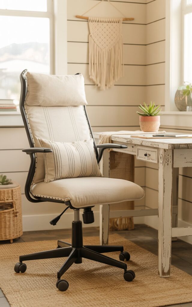 A photograph of a cozy and inviting home office showcasing an upgraded ergonomic chair as the central focus. The chair is upholstered in a cream-colored linen fabric with subtle stitching details and is positioned at a weathered reclaimed wood desk that has a small succulent in a terracotta pot on the edge. Shiplap walls provide a farmhouse backdrop accented with a macramé wall hanging and a jute rug lies beneath, complemented by a patterned cushion on the chair and a woven throw draped over the desk. Soft, natural light streams in from a nearby window, illuminating the space and creating a warm and comfortable atmosphere.