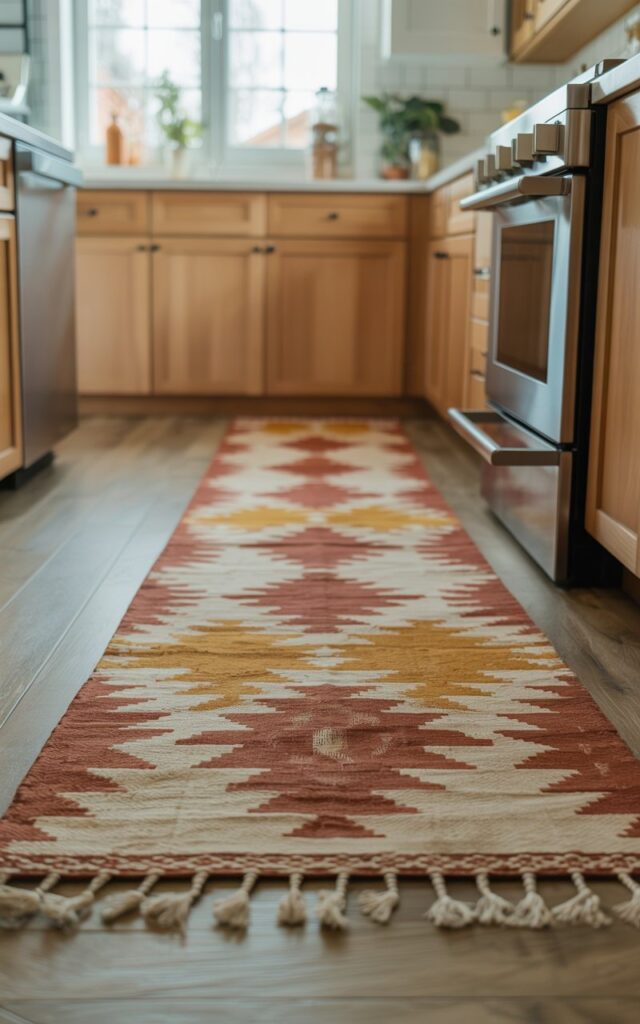 A photograph of a close-up view of a vibrant, patterned rug runner in a modern Boho style kitchen. The runner showcases a bold geometric design with a mix of terracotta, mustard yellow, and cream colors, its texture appearing soft and inviting. The runner lies on light-toned wooden flooring, partially revealing light wood kitchen cabinets in the background, and a glimpse of modern stainless steel appliances. Soft, natural light streams through a nearby window, illuminating the scene and emphasizing the kitchen’s warm and effortlessly stylish ambiance.