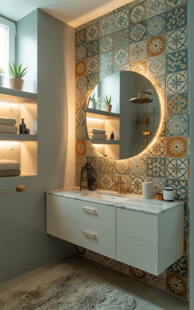 A photograph of a modern European bathroom with a striking accent wall showcasing bold, intricate Moroccan patterned tiles in shades of teal, ochre, and cream. The central focus is a sleek, white floating vanity with a marble countertop and brushed gold fixtures, positioned beneath a large circular mirror with integrated LED lighting.  Soft, diffused light streams in from a nearby window illuminating a plush, off-white rug and open shelves displaying neatly arranged towels and potted succulents, while the other walls are painted in a calming shade of pale gray.  The overall scene is clean, stylish, and inviting, showcasing a harmonious blend of patterns and textures within a well-designed space.