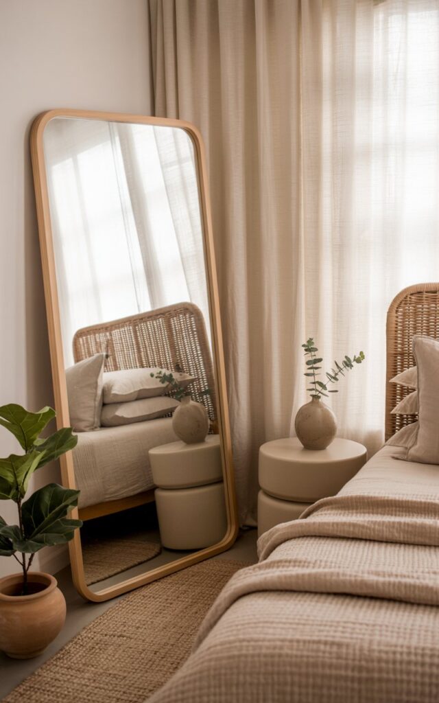 A photograph of a serene Japandi-Boho bedroom, centered on a full-length mirror leaning casually against a woven rattan headboard. The mirror has a light oak frame and reflects the soft glow of the room, showcasing a plush, layered bed with linen bedding in muted earth tones and a textured throw blanket. Beside the bed sits a small, rounded nightstand holding a ceramic vase with a single sprig of eucalyptus, while a jute rug anchors the space beneath, creating a calm and inviting atmosphere under the gentle light streaming through sheer linen curtains. A fiddle leaf fig plant in a terracotta pot adds a touch of greenery, completing the stylish and airy design.