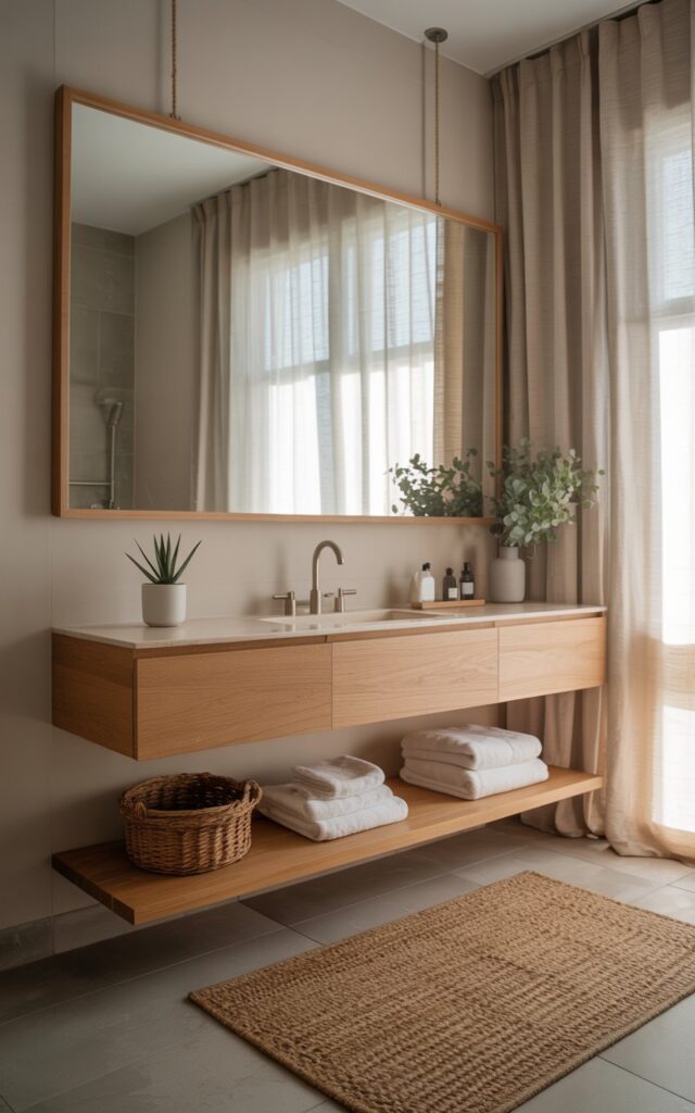 A photograph of a serene Japandi-style bathroom, centering around a large, rectangular, frameless mirror suspended above a minimalist floating vanity. The vanity is crafted from light oak wood and features a single, brushed nickel faucet, while the mirror reflects the soft light from a nearby window illuminating the room and creating an expansive feel.  Beneath the vanity, a textured jute rug sits on a light gray tiled floor, complemented by open shelves displaying neatly arranged towels and potted succulents, while a modern toilet is discreetly tucked into a corner. Natural light streams through a sheer linen curtain, casting a calming glow over the meticulously organized space.