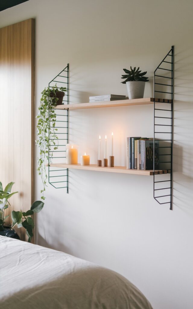 A photo of a modern Japandi bedroom with a sleek floating shelf mounted on the wall, freeing up floor space. The shelf is styled minimally with small potted plants, candles, and a few carefully curated books. The room has a calm, neutral color palette with natural wood accents, clean lines, and a serene, clutter-free aesthetic. Soft natural light illuminates the space, highlighting the balance of functionality and simplicity.