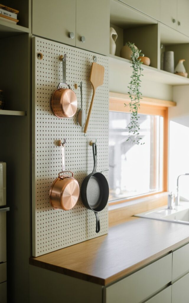 A photograph of a meticulously organized pegboard in a modern Japandi kitchen. The vertical pegboard is mounted near a light oak vanity and displays two copper pots, two cast iron pans, and a wooden laddle hanging neatly from minimalist hooks. Soft natural light streams through a nearby window, highlighting the clean lines of the kitchen's pale grey cabinetry and open shelves adorned with small ceramic vases and a trailing succulent. The overall scene conveys a sense of calm and deliberate simplicity, characteristic of the Japandi design aesthetic.