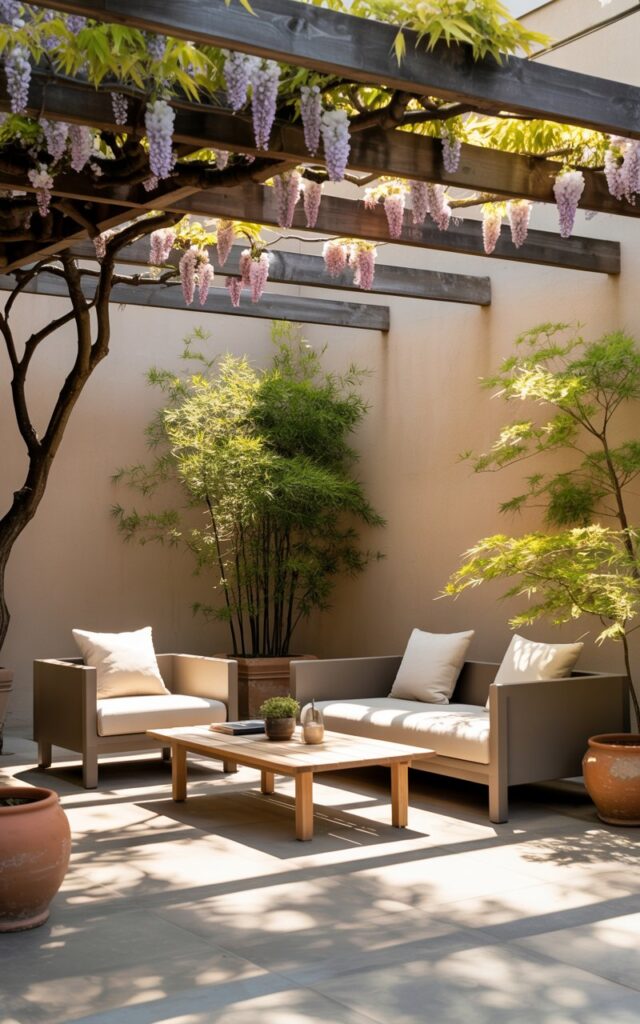 A photograph of a tranquil Japandi-style patio lounge, bathed in the soft glow of the late afternoon sun. A low-profile, taupe-colored sofa and armchair are arranged around a simple rectangular coffee table crafted from light oak wood, each adorned with plush, cream-colored cushions. Above, a minimalist wooden pergola is gracefully draped with fragrant, blooming wisteria vines, casting dappled shadows onto the smooth, grey stone flooring. Several terracotta pots filled with vibrant green bamboo and Japanese maple trees are scattered throughout the lounge, creating a serene and balanced outdoor retreat.