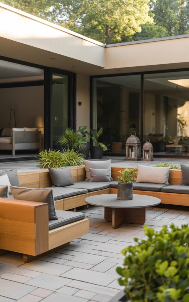 A photograph of a modern Scandinavian-style patio seamlessly connected to a contemporary home, with a focus on a modular seating arrangement. The seating consists of low, rectangular wooden blocks in a light oak finish, accented by plush cushions in muted gray and beige tones, artfully arranged around a sleek, round coffee table made of dark-stained acacia wood. Stone pavers in a soft, neutral color form the patio flooring, interspersed with vibrant green potted plants and classic wrought-iron lanterns casting a warm glow. Gentle sunlight filters through the surrounding trees, highlighting the clean lines and creating a tranquil atmosphere.