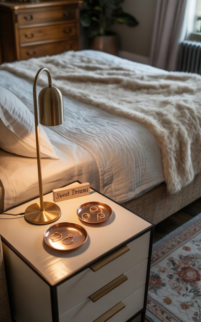 A photograph of a meticulously styled modern bedroom centered around a queen-sized bed with layered white linen bedding and a plush cream-colored throw. A sleek side table with brushed gold accents sits beside the bed, holding a tall gold lamp illuminating "Sweet Dreams" inscribed on a small wooden plaque; copper trays artfully display delicate earrings and rings. The room features soft, warm lighting highlighting the brass drawer handles and creating a cozy ambiance, with a partially visible antique wooden dresser and a muted floral patterned rug adding a touch of cottagecore charm in the background. The scene is bathed in a soft, nighttime glow.