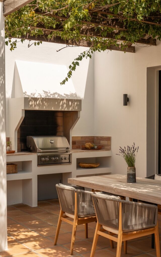 A photograph of a modern Mediterranean patio featuring a compact outdoor kitchen as its central focus. The kitchen boasts a sleek, light gray prep counter with a stainless steel portable grill, surrounded by whitewashed stone walls and warm terracotta flooring. A rustic wooden table sits adjacent to the kitchen, adorned with two woven chairs and a vase holding a sprig of lavender. Soft, diffused sunlight streams through the climbing vines overhead, creating a serene atmosphere and highlighting the elegant wood accents.