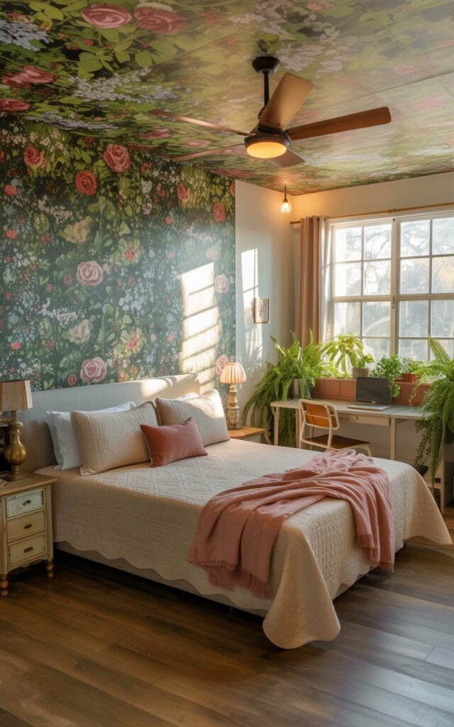 A photograph of a cozy, fully-furnished modern cottagecore bedroom bathed in warm natural light. A queen-sized bed, draped with a cream-colored quilt and a dusty rose throw pillow, sits centered beneath a ceiling adorned with a vibrant wallpaper featuring climbing roses and delicate forget-me-nots, complemented by a hanging pendant light seamlessly integrated with a ceiling fan. To the side of the bed sits a weathered wooden nightstand holding a vintage lamp, while a study desk near a curtained window overflowing with potted ferns and ivy adds a touch of functionality and life. Soft, diffused sunlight streams through the window, illuminating the textures of the room and creating a serene and inviting atmosphere.