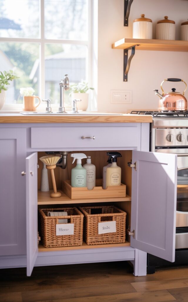 A photograph of a bright, modern cottagecore kitchen featuring a pale lavender cabinet with open doors, revealing an organized under-sink area. Inside, labeled woven baskets hold cleaning supplies like spray bottles and a natural bristle brush, all neatly arranged on wooden shelves and trays. Soft, diffused light streams through a nearby window, illuminating the space and highlighting the warm wood accents of the countertop and open shelving holding ceramic canisters. A vintage-style copper kettle sits on the stovetop in the background, adding to the cozy, inviting atmosphere.