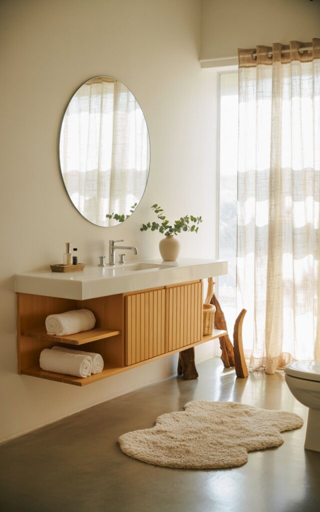 A photograph of a bright and airy modern countryside bathroom centered around a sleek wall-mounted vanity. The vanity is crafted from light-colored wood with a minimalist design, featuring integrated storage and open shelves displaying neatly rolled white towels and a small ceramic vase holding sprigs of eucalyptus. A plush, cream-colored rug softens the polished concrete floor, while a large round mirror above the vanity reflects the natural light streaming in from a window draped with a sheer linen curtain. The scene is completed by a modern white toilet and a few strategically placed pieces of driftwood adding a subtle rustic touch.