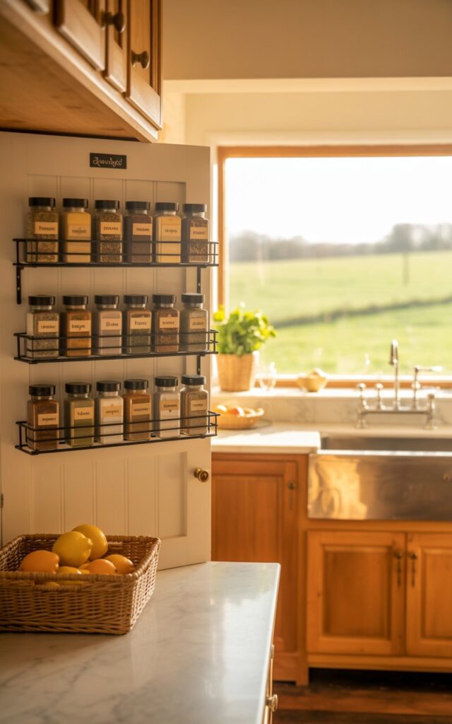 A photograph of a bright, fully furnished countryside kitchen with a focus on the neatly organized spice rack. Above a white marble vanity sits an open shelf with three spice racks mounted on the door, each holding glass jars filled with colorful spices labeled "Rosemary" "Thyme" and "Cumin". The kitchen features natural wood cabinets, a woven basket holding fresh lemons, and a stainless steel farmhouse sink, illuminated by soft, diffused light streaming through a nearby window overlooking a rolling green field. Warm, golden hour light highlights the functional design, creating an inviting and cozy atmosphere.