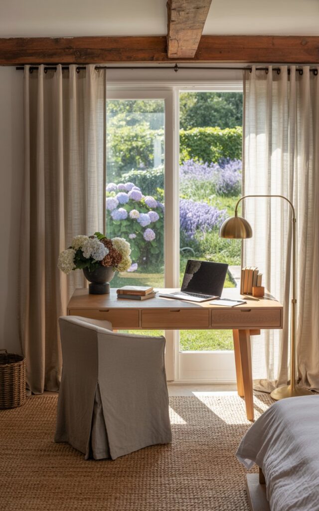 A photograph of a bright and airy modern countryside style home office set within a fully furnished bedroom. A natural wood desk with clean lines sits near a large window draped with sheer linen curtains, showcasing a lush garden view filled with blooming hydrangeas and lavender. On the desk, a silver laptop rests beside a stack of leather-bound books, illuminated by the warm glow of a brass floor lamp while a comfortable grey upholstered chair invites relaxation. Exposed wooden beams and a textured jute rug add rustic charm to the room, softly lit by diffused sunlight streaming through the window.