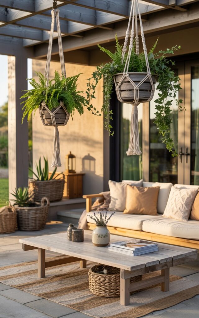 A photograph of a modern farmhouse outdoor patio bathed in the warm glow of late afternoon sunlight. Two macramé plant holders, overflowing with vibrant emerald ferns and trailing ivy, hang gracefully from the exposed wooden beams of the patio's pergola. Below, a comfortable wooden lounge sofa, adorned with cream and tan cushions, faces a low, weathered coffee table displaying a stack of design magazines and a ceramic vase holding a few sprigs of lavender – the table is placed atop a layered arrangement of jute and patterned rugs. The scene exudes a relaxed and inviting ambiance, with woven baskets filled with succulents and a single, antique lantern adding subtle farmhouse charm.