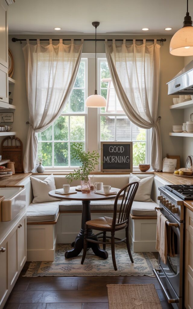 A photograph of a bright, airy modern farmhouse kitchen centered around a cozy breakfast nook. A built-in bench seat upholstered in a cream-colored linen fabric invites guests to sit around a small, round wooden table set for breakfast with "good morning" written on a chalkboard. The nook sits beneath a large window draped with soft linen curtains, allowing natural light to flood the room, highlighting the farmhouse sink, open shelving displaying ceramic dishes, and a patterned rug beneath the table. The backdrop includes stainless steel appliances, a light gray stove, and warm pendant lights, creating a feeling of effortless charm and relaxed hospitality.