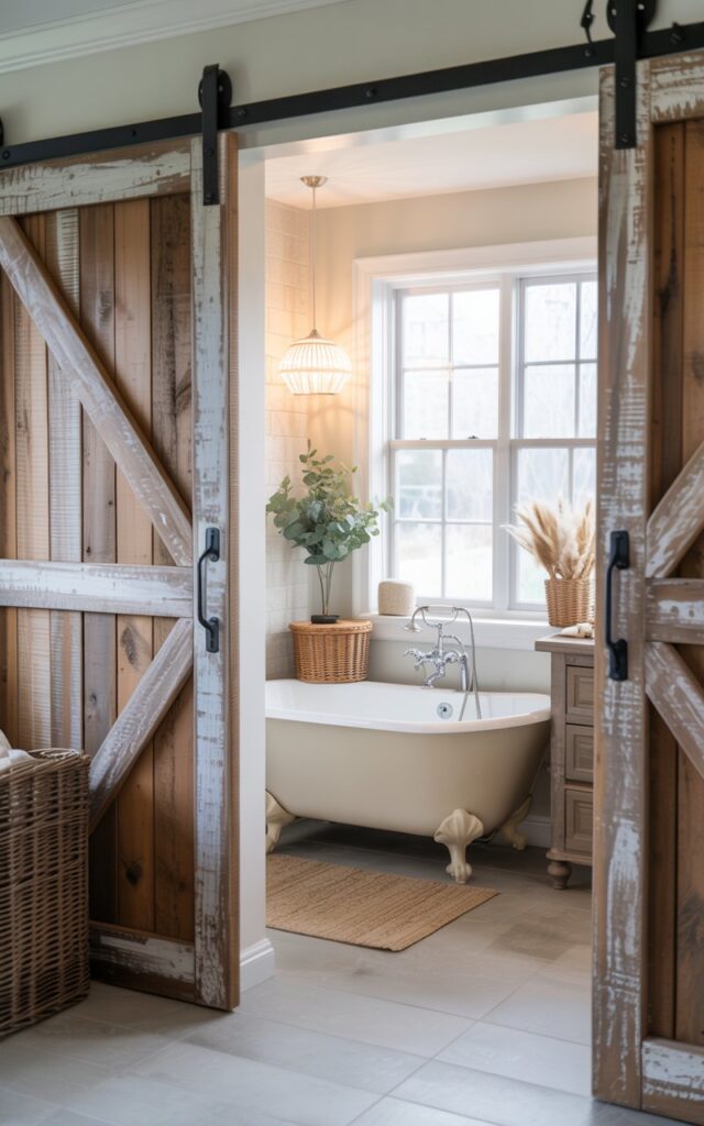 A photograph of a fully furnished modern farmhouse bathroom centered around a freestanding white clawfoot tub. The entrance is defined by a sliding barn door crafted from weathered reclaimed wood with antique black metal hardware, partially open to reveal the interior. Soft, diffused natural light streams through a large window, illuminating the neutral color palette of the bathroom accented by woven baskets, potted eucalyptus, and a rustic wooden vanity. The warm glow highlights the blend of textures and styles, creating a serene and inviting atmosphere.