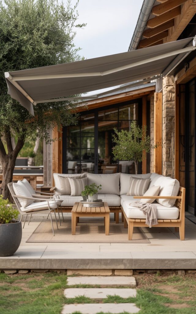 A photograph of a modern farmhouse outdoor patio on a leveled stone platform. A weather-resistant teak sofa set, featuring plush cream-colored cushions and complementing aluminum chairs and tables, anchors the space beneath a retracted gray awning. Rustic wooden beams frame the patio, accented by potted olive trees and weathered stone pathways leading towards the house, while natural sunlight highlights the textures of the teak and cushions creating a warm and inviting atmosphere. Soft, neutral-toned rugs and cozy throws are draped casually over the furniture, adding layers of comfort and style to the functional space.