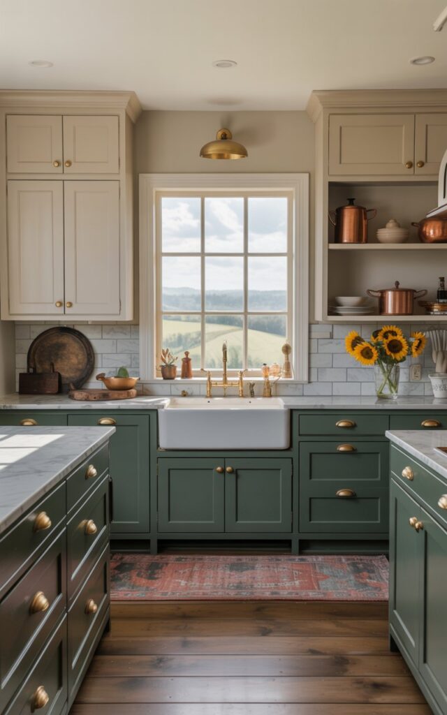 A photograph of a modern countryside kitchen with two-tone cabinetry creating a striking visual contrast. Lower cabinets are painted in a deep forest green, balanced by lighter cream-colored upper cabinets accented with brushed gold hardware, complementing the luxurious white marble countertops. A farmhouse sink sits beneath a window overlooking rolling hills, with a patterned rug and a vase of sunflowers adding warmth and character to the open shelving displaying ceramic dishes and copper pots. Soft, diffused light streams through the window, illuminating the space and highlighting the harmonious blend of glam and rustic elements.