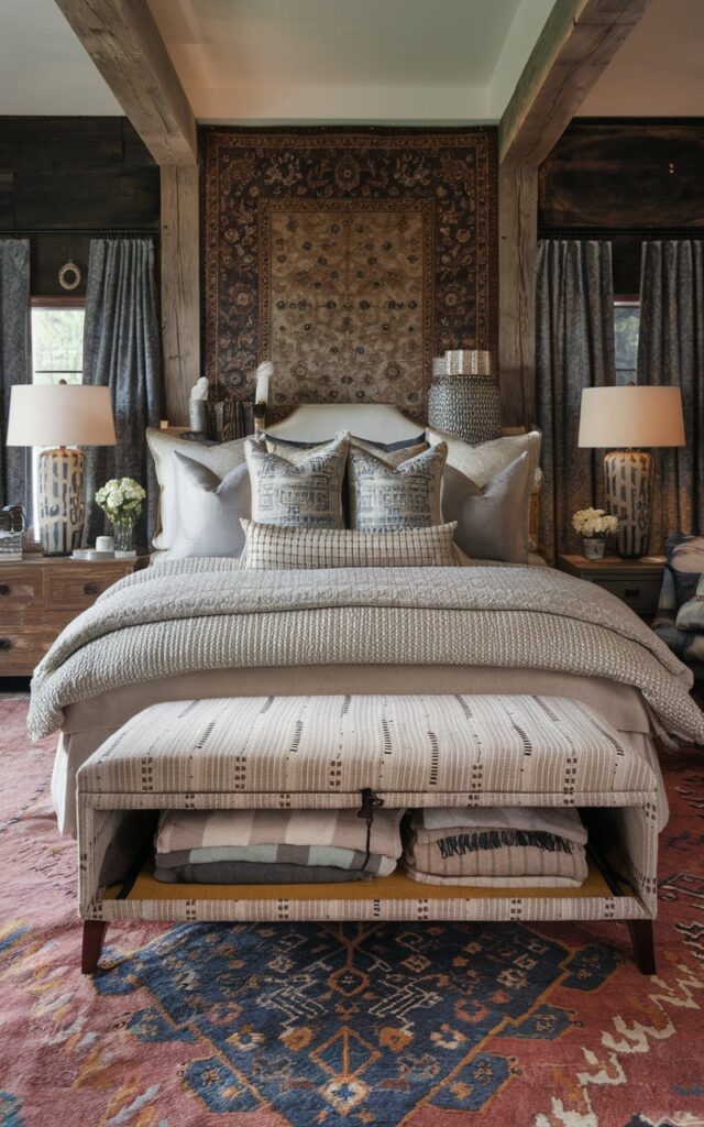 A photo of a modern posh rustic bedroom with a patterned ottoman placed at the foot of the bed. The ottoman is open to reveal neatly stored blankets inside. The bed is layered with textured bedding and patterned pillows. The room is surrounded by eclectic furniture and decorative accents. Warm wood tones, vintage rugs, and a mix of patterns and textures create a rich, lived-in atmosphere. Soft ambient lighting from scones illuminates the space.