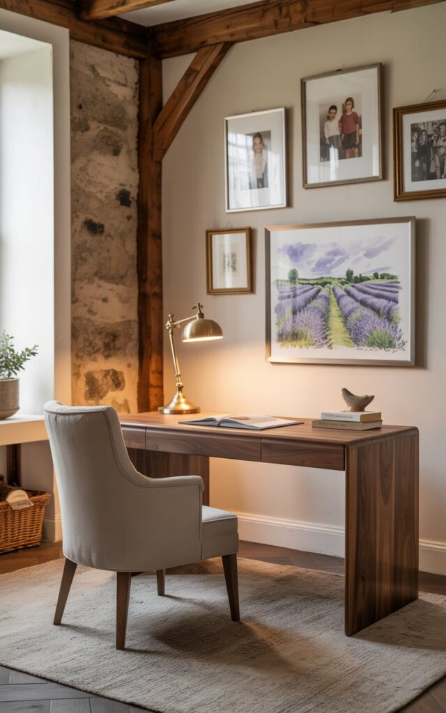 A modern rustic + French country style home office that blends personal touches with professional design. A sleek wooden desk with clean lines is paired with a comfortable upholstered chair, set against a backdrop of rustic beams and soft French country details. Family photos in elegant frames, fun knick-knacks, and travel souvenirs are displayed alongside minimalist accessories, creating warmth without clutter. Neutral tones, distressed wood, and wrought-iron accents balance with chic modern lighting. The result is a workspace that feels personal, inspiring, and refined while maintaining professional polish.