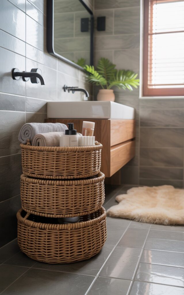 A photograph of a modern rustic bathroom, highlighting a stack of three woven rattan baskets arranged neatly on the tiled floor. The baskets contain rolled towels and neatly folded toiletries, contrasting with the sleek matte black fixtures and light grey stone tile walls. A single potted fern sits on a wooden vanity, while a plush cream-colored rug warms the space, bathed in soft, diffused natural light filtering through a nearby window. The scene exudes a sense of organized tranquility and understated elegance.