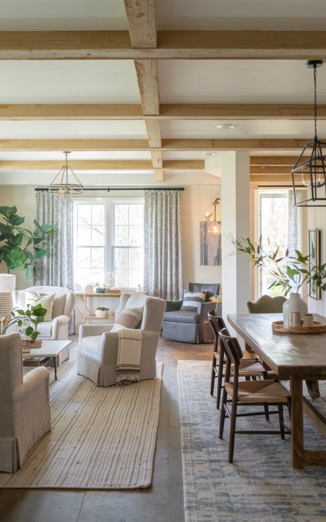 A photo of a modern rustic + cottagecore living room with an open layout. There is a cozy seating area with a plush sofa, armchairs, and a coffee table, defined by a textured rug. A reading nook with an accent chair and side table creates a separate corner. A rustic wooden dining table with chairs anchors another zone, blending seamlessly into the space. Natural wood beams, soft layered textiles, plants, vintage-inspired décor, and warm lighting enhance the cozy, inviting, and refreshed atmosphere.