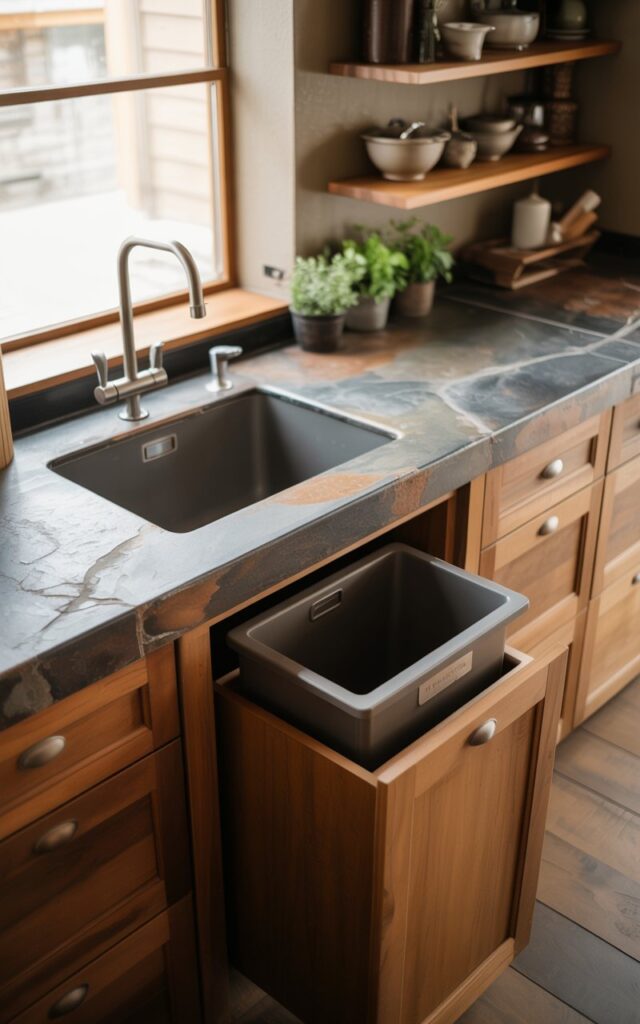 A photograph of a modern rustic kitchen centered on a stone countertop with a deep, single-basin stainless steel sink. The countertop is crafted from grey slate, with visible veining, and sits atop warm-toned wooden cabinetry featuring minimalist hardware. A pull-out trash bin is seamlessly integrated within a lower cabinet, while above, open shelves display a collection of ceramic cookware and potted herbs. Soft, diffused sunlight streams through a nearby window, highlighting the clean lines and functional design of the kitchen.