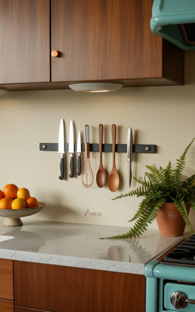 A photograph of a mid-century modern kitchen counter showcasing a sleek magnetic knife strip mounted on a cream-colored wall. The strip holds four gleaming stainless steel knives alongside three wooden spoons and a copper whisk, neatly arranged against the backdrop of warm walnut cabinetry and a light gray marble countertop where a small "Amor" logo is subtly etched. To the left, a ceramic fruit bowl overflows with vibrant oranges and lemons, while a terracotta pot with a trailing fern rests to the right of a vintage turquoise stove. Soft, diffused recessed lighting illuminates the scene, highlighting the clean lines and creating a calm, functional, and stylish aesthetic.