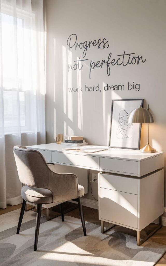 A photograph of a stylish, modern home office bathed in soft morning light. The focal point is a minimalist white desk, its clean lines accentuated by a comfortable grey upholstered chair angled slightly towards it.  Adorning the light grey wall behind the desk are removable wall decals reading "Progress, Not Perfection" and "Work Hard, Dream Big" in delicate handwritten fonts, while a sleek metallic gold desk lamp illuminates a framed print of abstract art. A sheer white curtain gently filters the natural light streaming in from a nearby window, adding a touch of serenity to the chic and transitional space.