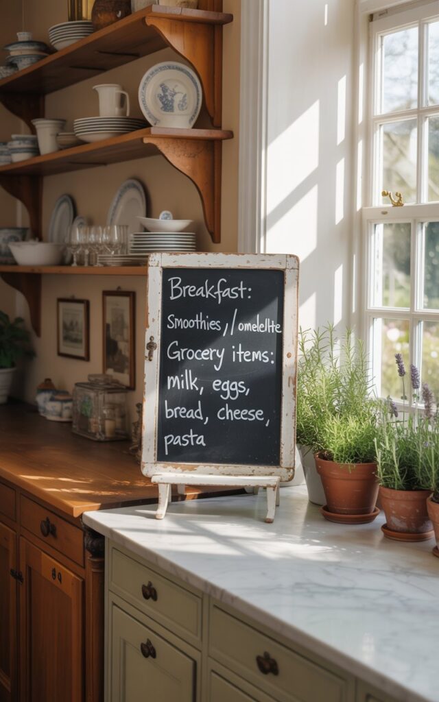 A photograph of a sun-drenched open kitchen in a posh English countryside home. A small, antique chalkboard is centrally mounted on the wall near a marble-topped vanity, displaying the handwritten message “Breakfast: Smoothies / Omelette, Grocery Items: Milk, Eggs, Bread, Cheese, Pasta”. Warm, natural light streams through the window, illuminating the neatly arranged open shelving showcasing antique dishware and the rich grain of the wooden cabinetry. Potted rosemary and lavender add a touch of rustic charm, complementing the overall feeling of comfortable elegance and functionality.