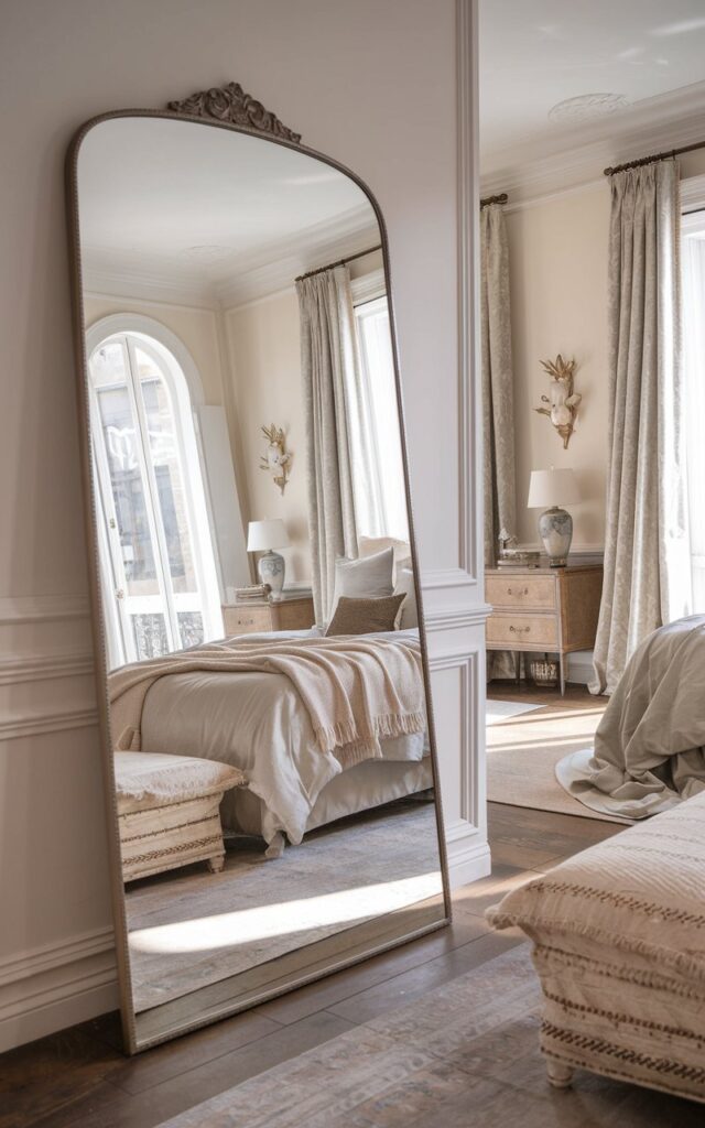 A high-resolution photo of a posh French country bedroom. The room has a sleek floor mirror leaned against the wall, visually expanding the space. The room features layered bedding, a nightstand, and a rug. The room has soft neutral tones, elegant textures, and classic decorative accents, creating a refined yet cozy atmosphere. Natural light floods the space, reflecting off the mirror to enhance brightness and depth.