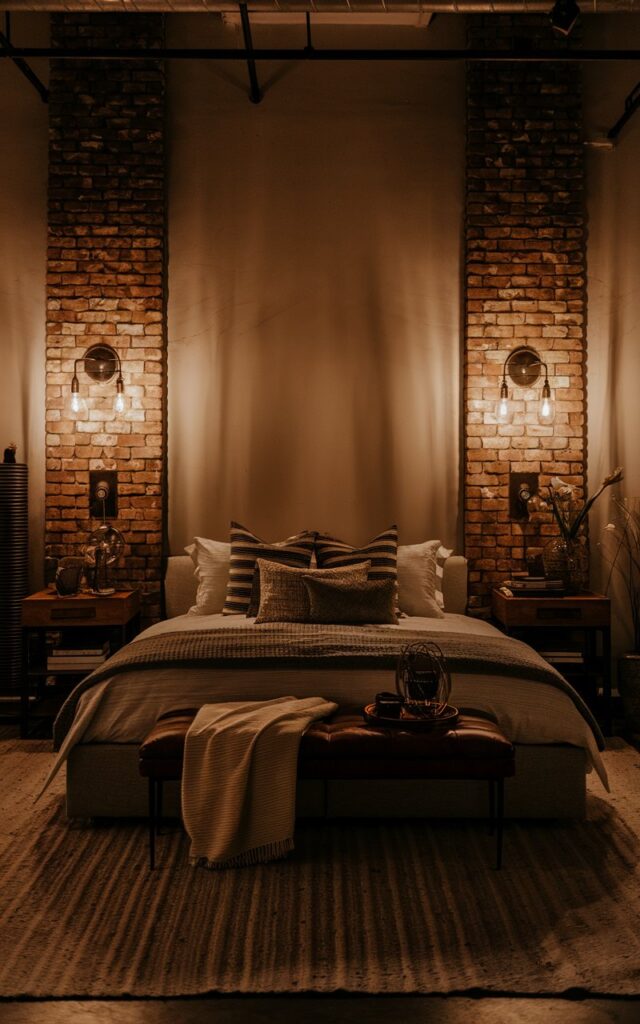 A photo of a posh industrial bedroom at night. The room features warm-toned bulbs in wall sconces on either side of the bed, casting a soft, ambient glow. The room includes a low-profile bed with layered bedding, exposed brick walls, and stylish industrial furniture. Textured rugs, wooden nightstands, and subtle decorative pieces complete the cozy yet sophisticated atmosphere. The warm lighting highlights the industrial elements while creating an inviting, intimate mood.