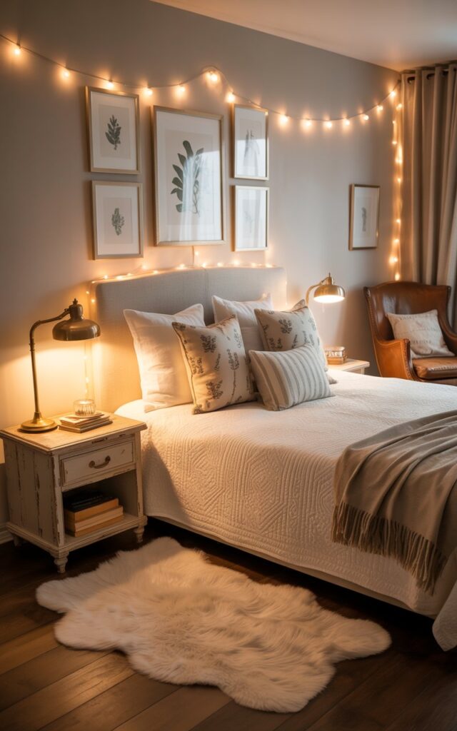 A photograph of a meticulously styled modern Americana bedroom bathed in the soft glow of delicate string lights. A queen-sized bed with a plush ivory duvet and scattered patterned throw pillows dominates the space, with a vintage brass reading lamp sitting atop a weathered wooden nightstand. The room features a cream-colored shag rug and a gallery wall displaying framed botanical prints, all softly illuminated by the string lights draped above the headboard, creating a cozy and inviting atmosphere. A worn leather armchair sits in the corner, hinting at a quiet space for reading and reflection.