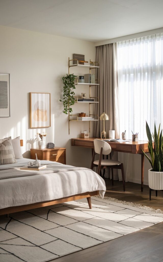 A photo of a mid-century modern bedroom with a posh, well-organized, and clutter-free design. The room is fully furnished with a nightstand, study desk, wall art, floor rug, curtained window, and a potted plant. The bed has clean lines and neutral bedding, complemented by warm wood tones and subtle decorative accents. Soft natural light streams through the window, highlighting the sleek, functional furniture and curated accessories. The overall vibe is stylish, calm, and sophisticated, perfectly balancing form and function.