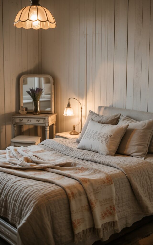 A photograph of a cozy farmhouse bedroom at night, centered around a plush queen-sized bed. The bed is draped in layers of linen quilts and soft cream-colored cushions, featuring a woven throw blanket with a subtle floral pattern, and a vintage brass reading lamp rests on the nightstand. Soft, warm light emanates from a vintage-style pendant lamp overhead, casting gentle shadows across the whitewashed wooden walls and illuminating a small antique vanity table adorned with a sprig of lavender in a simple glass vase. The overall ambiance is tranquil and inviting, with a muted color palette and a focus on natural textures.