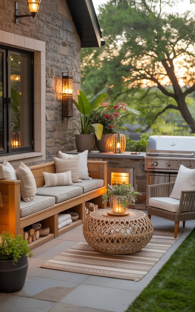 A photograph of a cozy outdoor patio seamlessly attached to a charming stone home, featuring a built-in wooden bench as the central focus. The bench boasts a natural wood finish, adorned with plush neutral cushions and throw pillows, and subtly reveals hidden storage for towels and firewood beneath its open seating. A stylish woven coffee table sits nearby, complemented by patterned rugs, flickering lanterns, and vibrant potted greenery, all bathed in the warm glow of the late afternoon sun. The patio also includes a gas cooking area alongside comfortable wicker chairs, creating a welcoming and relaxing atmosphere.