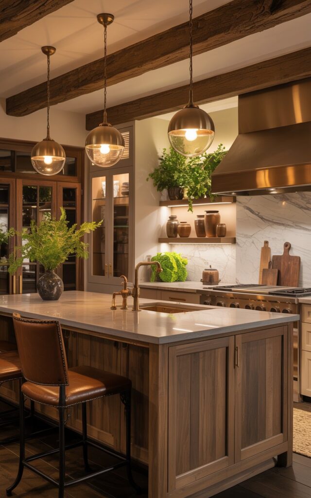 A photograph of a fully furnished, rustic glam kitchen bathed in the warm glow of pendant lights. The kitchen centers around a sleek island featuring a polished grey stone countertop and rich, rustic wood cabinetry, illuminated by three Colombe Burnished-Brass Globe Pendant Lights hanging above. Elegant brushed gold hardware adorns the cabinetry and a marble backsplash shimmers behind a farmhouse sink, while open shelves display ceramic jars and vibrant potted greenery. The room features exposed wood beams and a comfortable, leather barstool pulled up to the island, creating an inviting and stylish nighttime atmosphere.