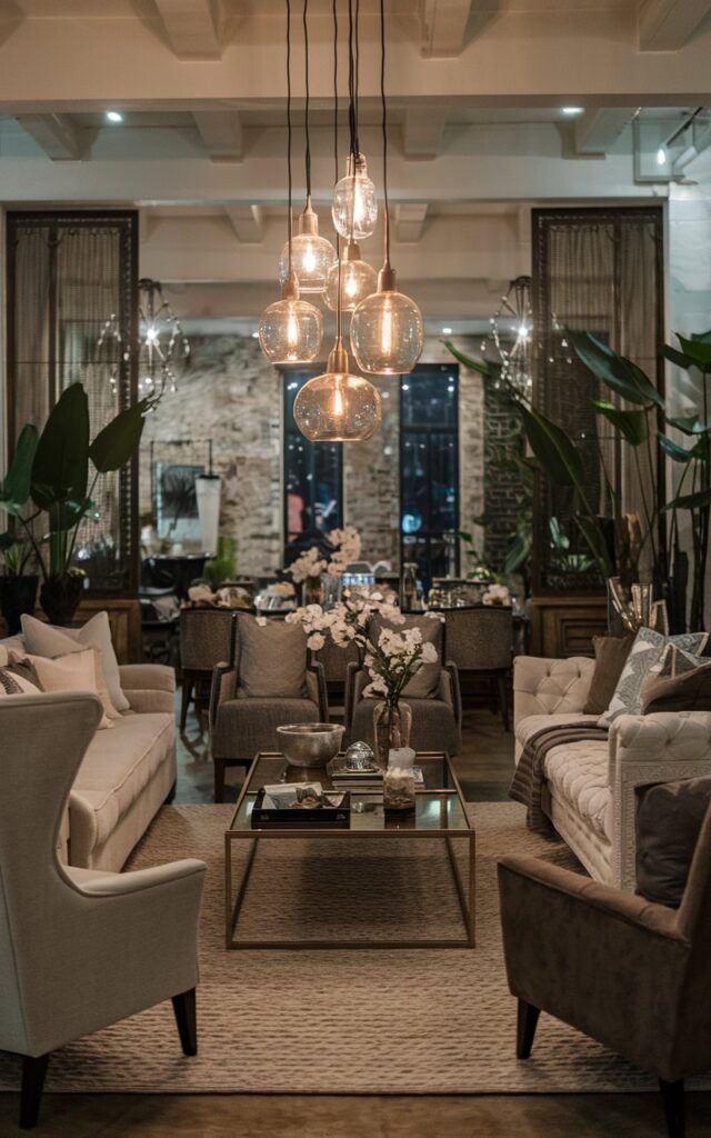 A photo of a rustic and glam living room at night. There is a cluster of pendant lights hanging above a central coffee table. The warm glow of the lights reflects on the table, creating a cozy yet elegant ambiance. The room is fully furnished with a plush sofa, armchairs, a textured rug, rustic wooden furniture, metallic glam accents, indoor plants, and curated décor. The mix of rustic textures and glamorous finishes gives the space a refreshed, stylish, and inviting nighttime atmosphere.