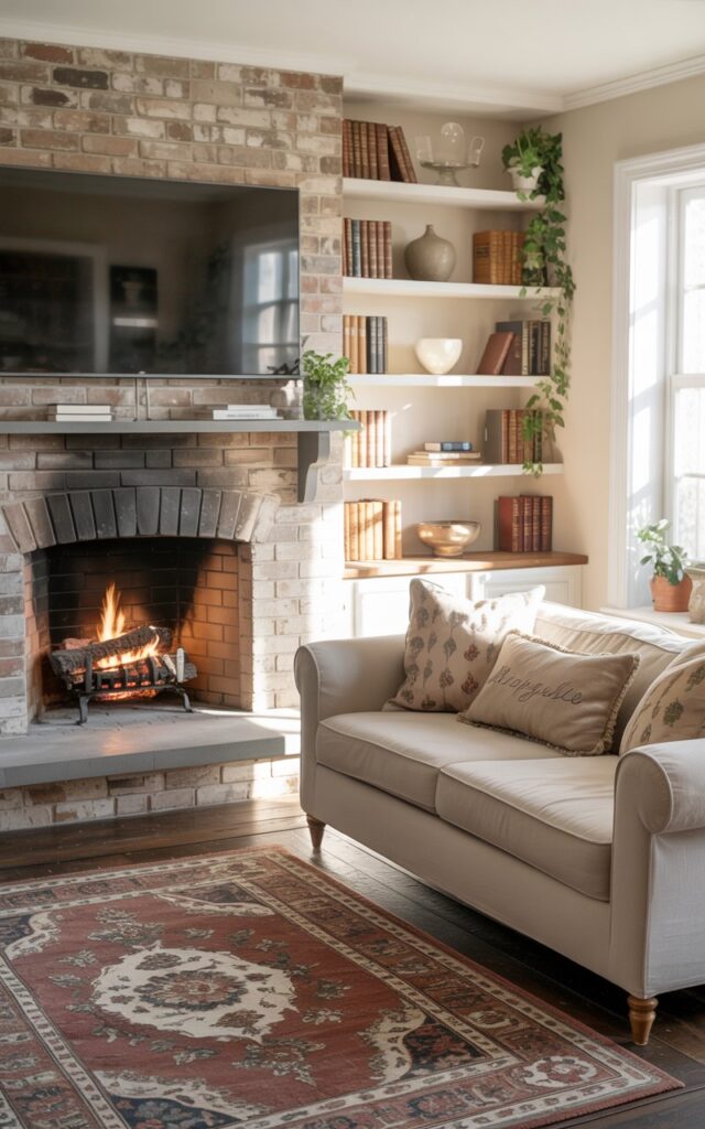A photograph of a cozy farmhouse living room, centered around a crackling stone fireplace. The fireplace is flanked by built-in open shelves filled with antique books, ceramic vases, and a few trailing ivy plants, while a large flat-screen television is neatly mounted above the mantel. A plush, cream-colored sofa with several patterned throw pillows sits opposite the fireplace, anchored by a vintage Persian rug with a faded floral design. Soft, diffused sunlight streams through large windows, highlighting the textured brick accent wall and casting a warm glow over the entire inviting space.