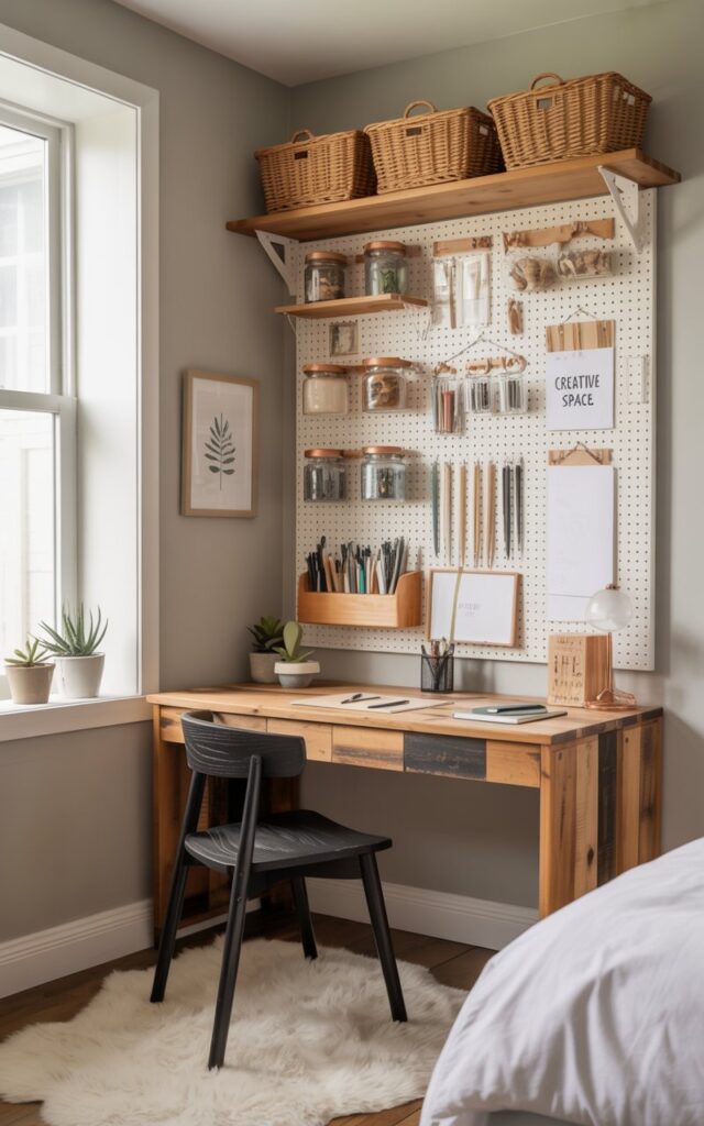 A photograph of a meticulously organized home office nook adjacent to a bedroom, centered around a reclaimed wood desk. The desk's natural finish contrasts with a sleek black modern chair, and above it hangs a pegboard brimming with small woven baskets, clear hanging jars filled with art supplies, and copper hooks holding various pens and notebooks labeled "creative space". Soft natural light streams in through a nearby window, highlighting the neutral gray walls adorned with a single framed botanical print and a few strategically placed potted succulents, creating a warm and inviting atmosphere. A plush cream-colored rug anchors the space, seamlessly blending utility and stylish design.