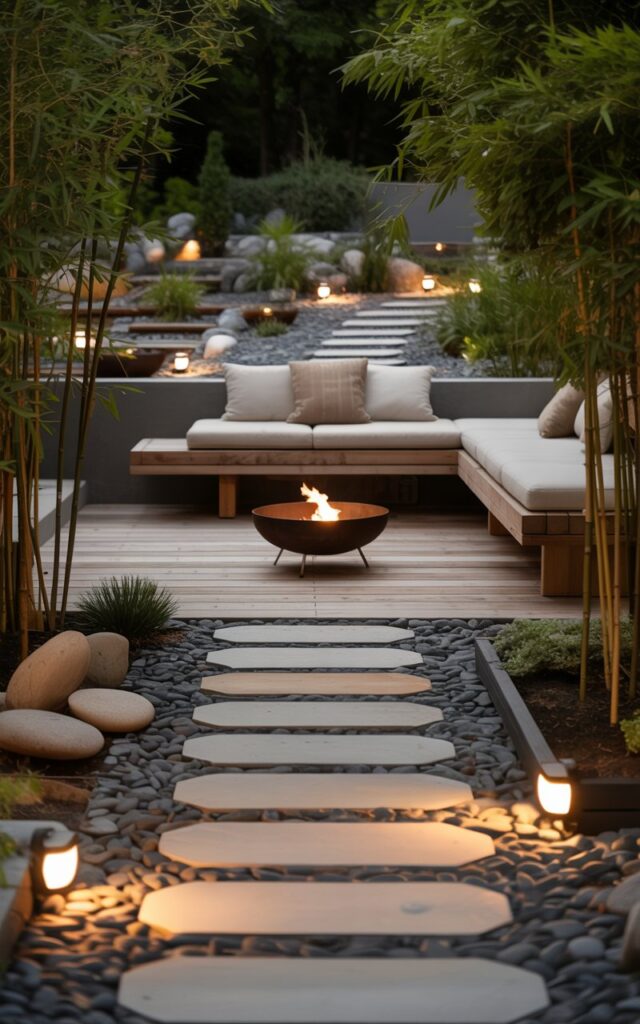 A photograph of a serene Japandi-style outdoor patio bathed in the soft glow of low-voltage landscape lighting. A single, elegantly curved stone pathway leads to a low wooden seating area featuring a minimalist bench with plush, oatmeal-colored cushions. Scattered throughout the patio are various potted bamboo plants and smooth river stones, accentuating the clean lines and natural materials of the design; a small, blackened steel fire bowl sits centered in the seating area. Subtle, warm-toned lights are recessed along the pathway edges, illuminating the gently sloping landscape and creating a tranquil, inviting atmosphere for evening relaxation.