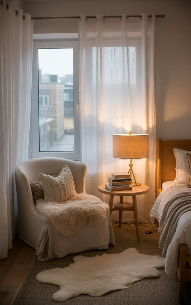 A photograph of a cozy Scandi-style bedroom centered around a reading nook bathed in soft, natural light. The nook features a plush armchair upholstered in a cream-colored linen fabric, layered with a chunky knit throw and a sheepskin rug, positioned beside a large window draped with sheer, flowing white curtains. A small, round wooden side table holds a stack of well-loved books and a brass table lamp with a linen shade, creating a warm, inviting glow while the entire bedroom displays minimalist wooden furniture, neutral-toned walls, and carefully curated decor. Gentle sunlight illuminates the room, accentuating the calming, hygge-inspired atmosphere with a view of the cityscape beyond the window.