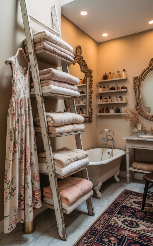 A photograph of a cozy, maximalist bathroom dominated by a tall, weathered ladder shelf overflowing with plush, folded towels in cream and blush tones, alongside several flowing floral-print dresses. The ladder, with its distressed white finish, leans against a wall adorned with an ornate, antique gold mirror and a collection of vintage perfume bottles. A clawfoot bathtub sits nearby, alongside a vanity with a marble countertop, and the space is softly lit by warm LED ceiling lights, contributing to a lived-in, charming ambiance. The patterned rug underfoot adds a layer of visual interest to the intimate setting.