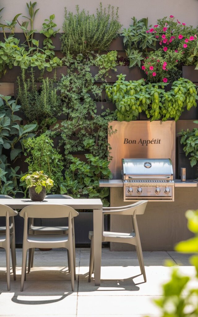 A photograph of a modern outdoor patio centered around a vertical garden wall covered in trailing rosemary, basil, and vibrant petunias. The wall acts as a backdrop to a sleek, minimalist dining table set for two with matching light grey chairs. To the side, a compact cooking area features a stainless steel countertop and a small gas grill with the words "Bon Appétit" engraved on a copper plate. Soft, diffused sunlight filters through the leaves, casting gentle shadows on the patio stones and highlighting the fresh herbs, creating a serene and stylish space.
