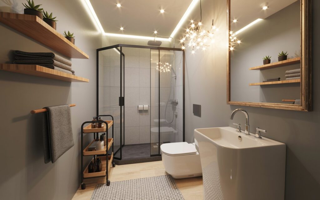 A photograph of a compact bathroom showcasing a serene Japandi-inspired design. The room’s focal point is a sleek, white pedestal sink with a polished chrome faucet, complemented by a minimalist, wall-mounted toilet and a glass corner shower enclosure. Floating bamboo shelves hold neatly folded towels and small potted succulents, while a slim rolling trolley stores toiletries, all bathed in the soft glow of recessed LED ceiling lights and a delicate, modern chandelier. The walls are painted a calming light gray, accented by warm wood tones and a patterned rug underfoot, creating a cozy, organized, and functional sanctuary.