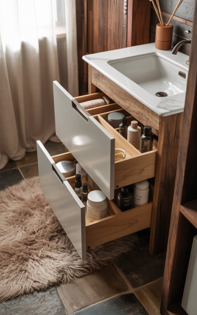 A photograph of a small, modern rustic bathroom showcasing a compact vanity with sleek white drawers. Inside the vanity, organized compartments discreetly house bottles, brushes, and everyday essentials, contributing to a clutter-free design. The vanity is paired with earthy stone tiles on the floor and warm wood-toned accents, complemented by a plush beige rug, creating a cozy atmosphere. Soft, diffused light streams in from a nearby window, highlighting the blend of functionality and rustic charm in the stylish, well-designed space.
